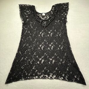 Lavish Women's (Juniors') Black Floral Lace Tunic Top Size Medium Shirt Blouse